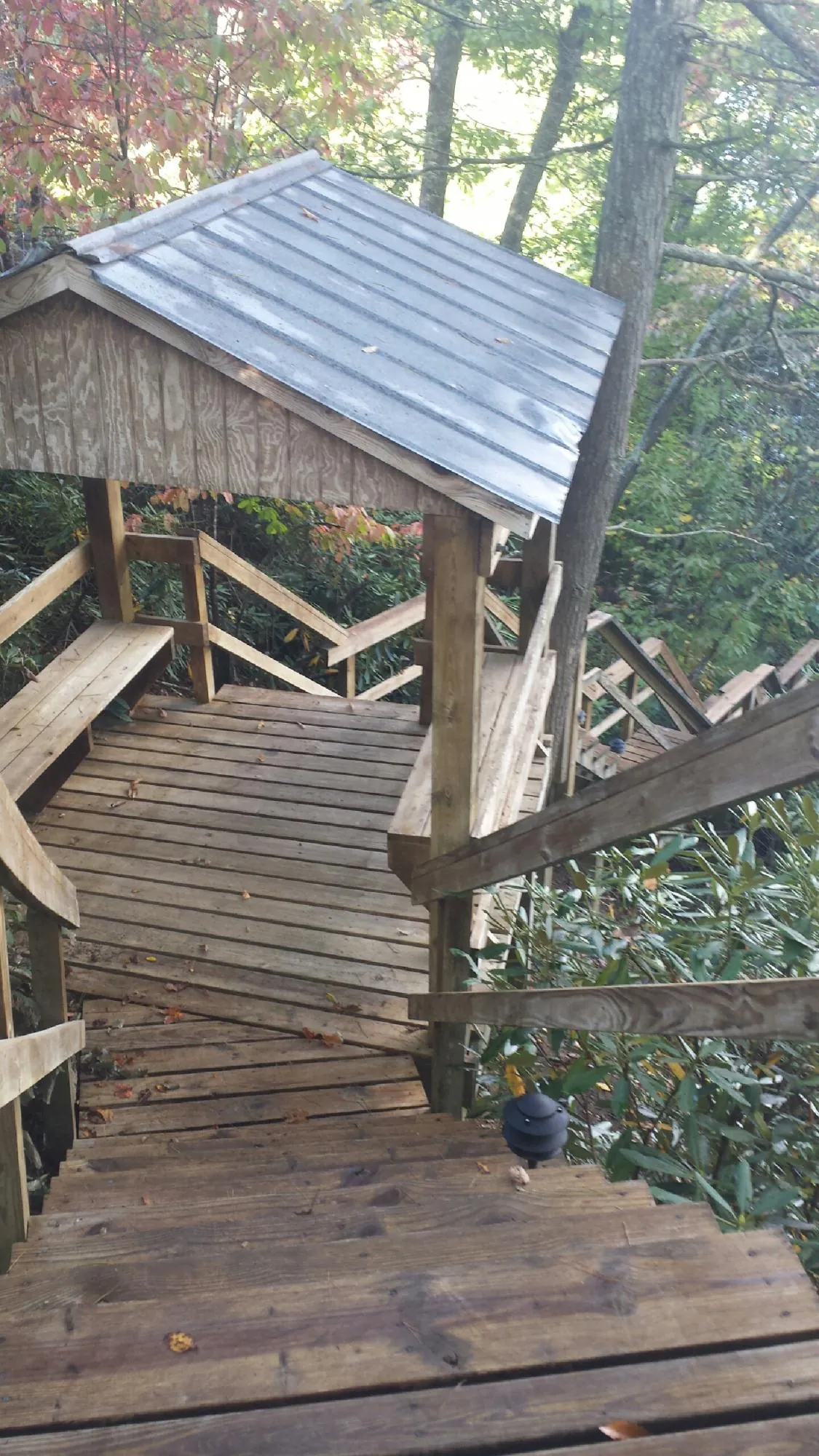 Metal roofed shelter over wooden steps on a wooded walkway — Skylight Repair & Installation work by our crew in Garnerville
